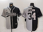 Men's Las Vegas Raiders #34 Bo Jackson Grey Black Split Cool Base Stitched Baseball Jersey,baseball caps,new era cap wholesale,wholesale hats