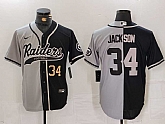 Men's Las Vegas Raiders #34 Bo Jackson Number Grey Black Split Cool Base Stitched Baseball Jersey,baseball caps,new era cap wholesale,wholesale hats