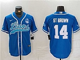 Men's Detroit Lions #14 Amon-Ra St. Brown Blue With 90th Anniversary Patch Cool Base Stitched Baseball Jersey,baseball caps,new era cap wholesale,wholesale hats