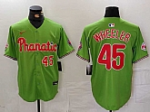 Men's Philadelphia Phillies #45 Zack Wheeler Number Green With Patch Stitched Cool Base Nike Jersey,baseball caps,new era cap wholesale,wholesale hats