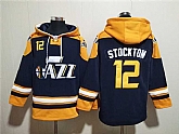 Men's Utah Jazz #12 John Stockton Navy Yellow Lace-Up Pullover Hoodie,baseball caps,new era cap wholesale,wholesale hats