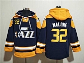 Men's Utah Jazz #32 Karl Malone Navy Yellow Lace-Up Pullover Hoodie,baseball caps,new era cap wholesale,wholesale hats